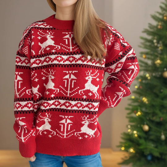 Damen weihnachtlicher Strickpullover mit festlichem Rentierdesign und hohem Kragen EB