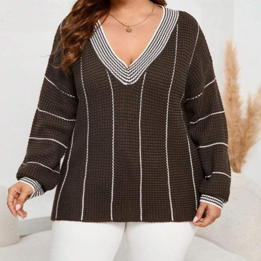 Damen grober Strickpullover mit eleganter V-Ausschnittgestaltung und modischem Streifenmuster EB