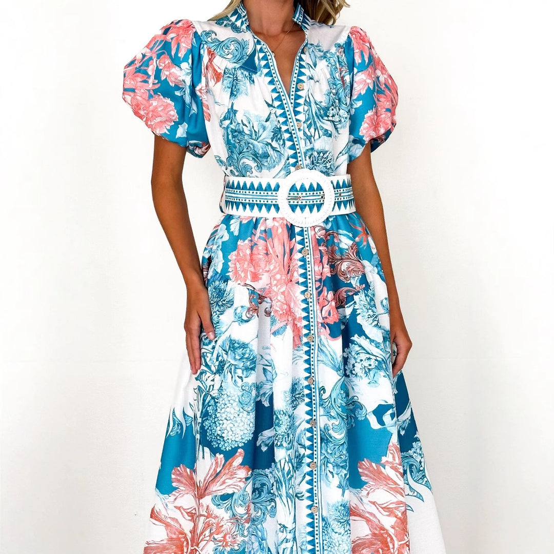 Damen Maxikleid mit voluminösen Puffärmeln und zartem Blumenmuster EB