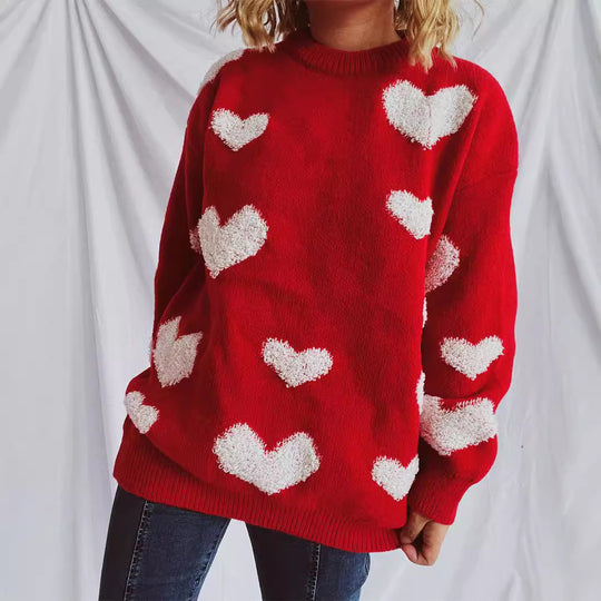 Damen Pullover mit Herzmuster und flauschigen Applikationen EB