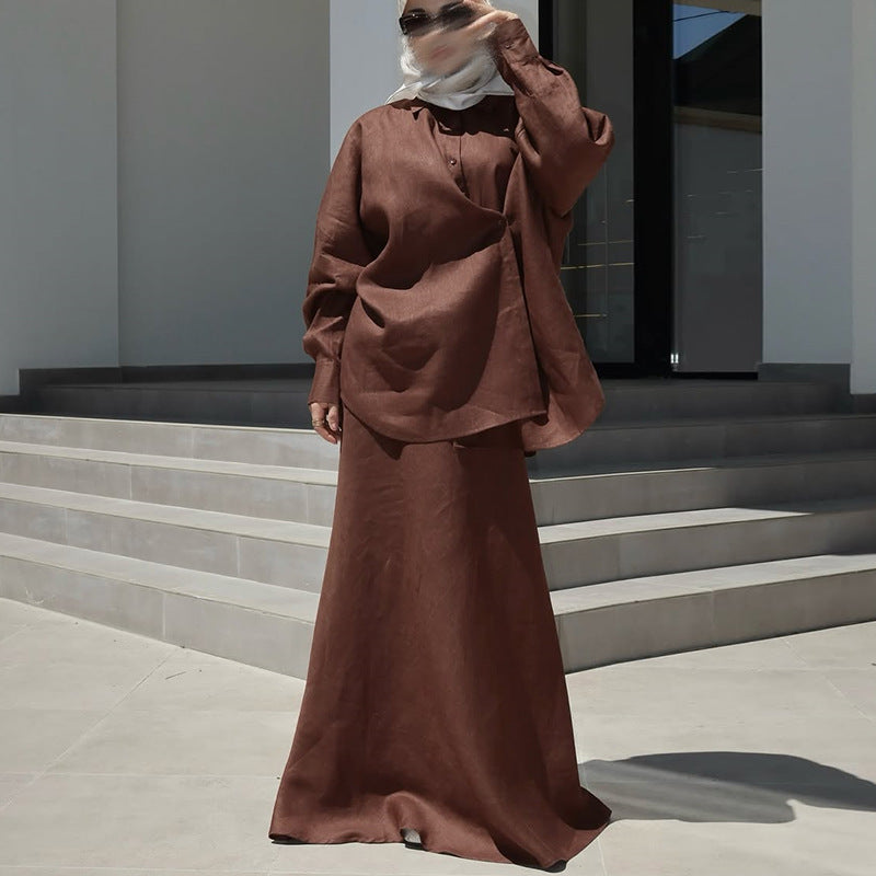 Damen Elegantes Leinen-Dress mit luftiger Bluse und Maxirock EB