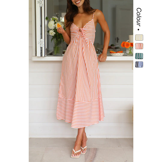 Damen gestreiftes Maxikleid mit verspieltem Oberteil und fließendem Rock EB