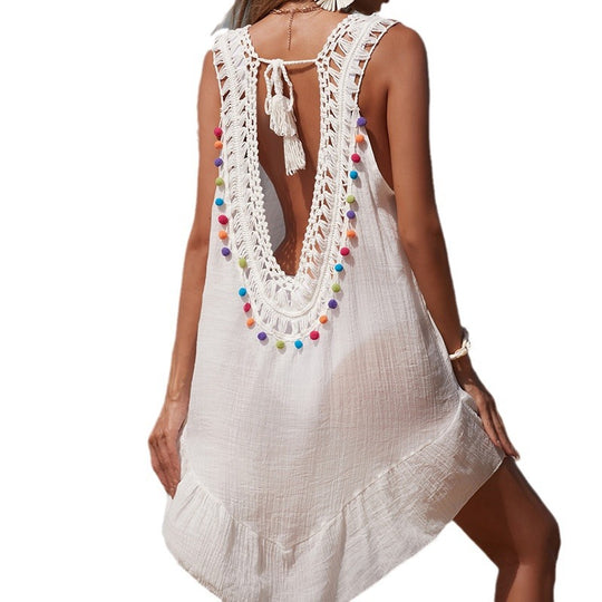 Damen luftiges Häkel-Strandkleid mit V-Ausschnitt und romantischem Saum EB