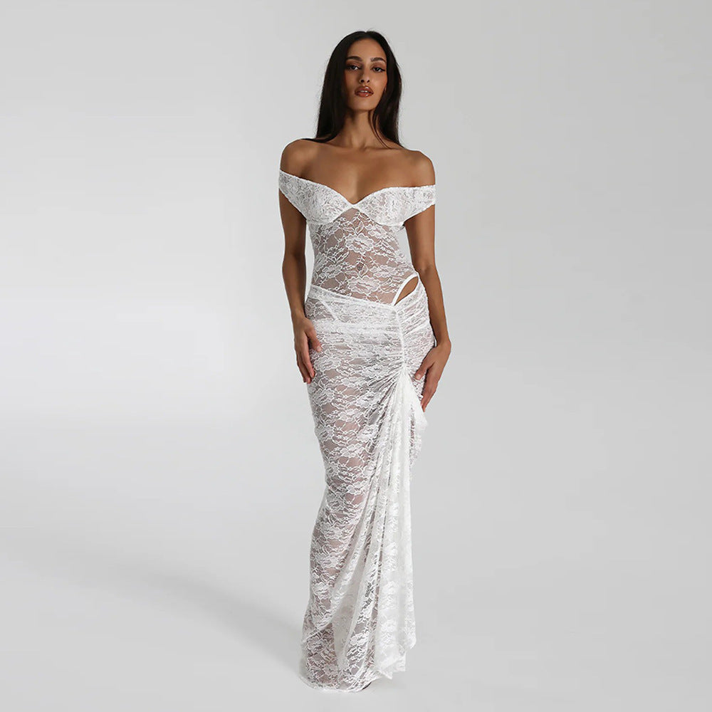 Damen Elegantes Spitze Maxikleid mit Off-Shoulder-Design und figurbetontem Schnitt EB
