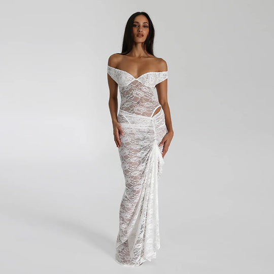 Damen Elegantes Spitze Maxikleid mit Off-Shoulder-Design und figurbetontem Schnitt EB