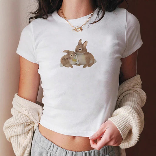 Damen Crop-T-Shirt mit niedlichem Kaninchenmotiv EB