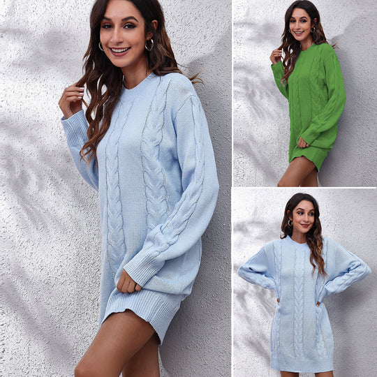 Damen Strickkleid mit Zopfmuster und lässigem Schnitt EB