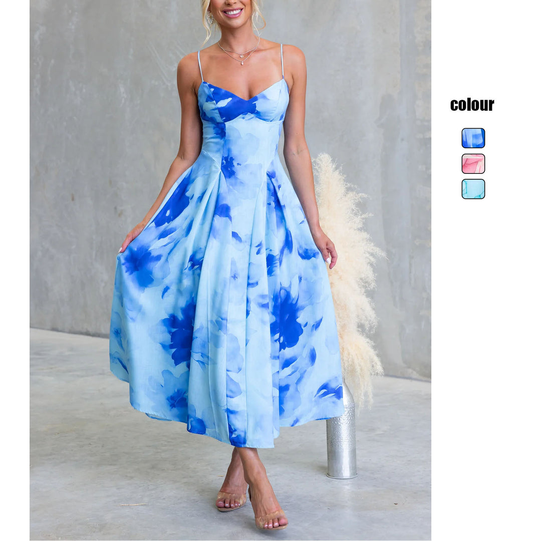 Damen Maxikleid mit zartem floralem Design und raffiniertem V-Ausschnitt EB