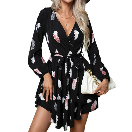 Damen Wickelkleid mit voluminösen Ärmeln und floralem Print EB