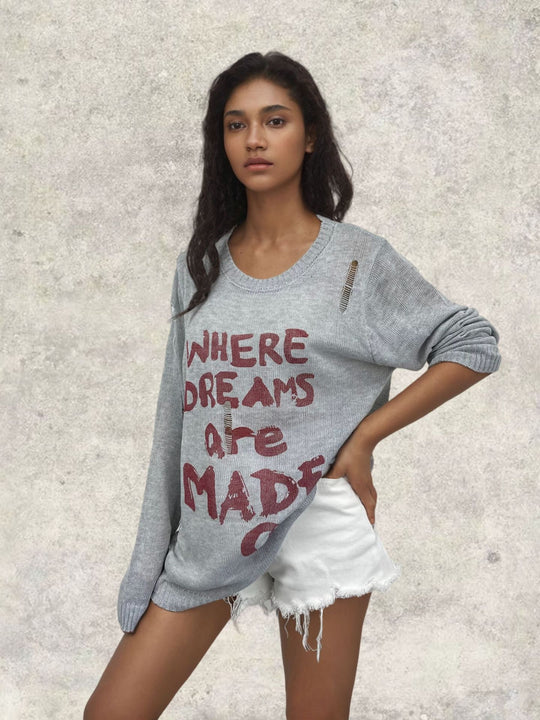 Damen Oversized Pullover mit kreativen Schriftzügen und raffinierten Details EB