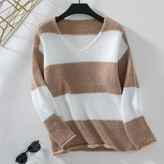 Damen lässiger V-Ausschnitt Strickpullover mit großzügigem Streifenmuster EB