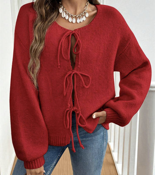 Damen Kurzcardigan mit Bindebändern, Oversize‑Silhouette und Ballonärmeln EB