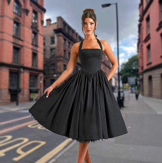 Damen A-Linien Cocktailkleid mit schulterfreiem Design und voluminösem Rock EB