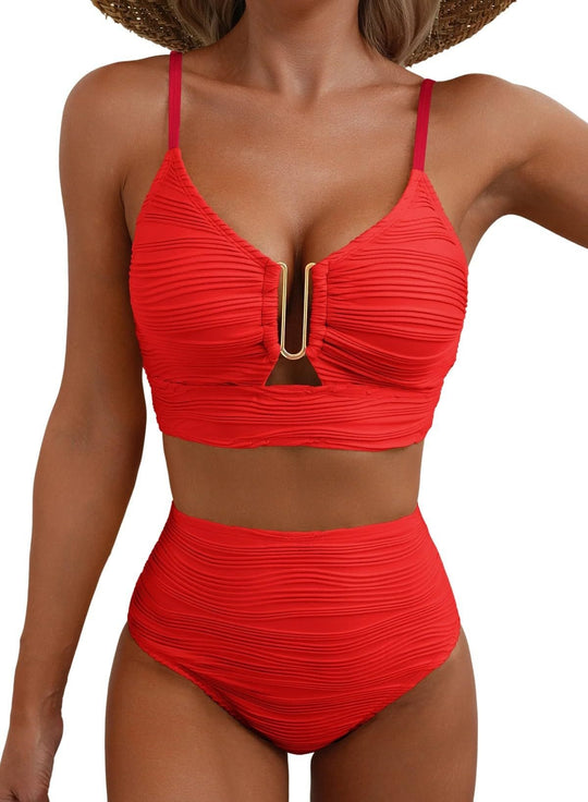 Damen Hochgeschnittener Bikini mit modischem Plissee-Design EB