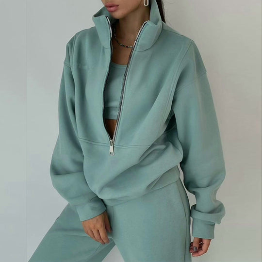 Damen nan kurzes Halbzip-Sweatshirt-und-Jogginghose-Set mit Stehkragen, oversized Schnitt und weichem French-Terry EB