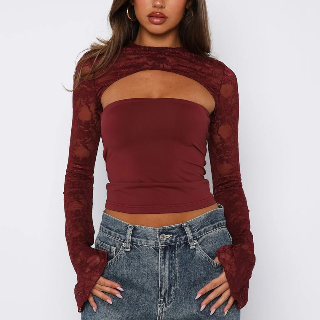 Damen Spitzenoberteil mit innovativem Cut-Out und langen Ärmeln EB