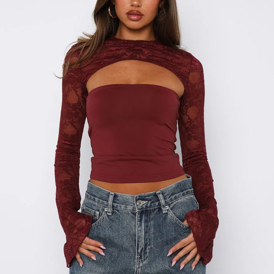 Damen Spitzenoberteil mit innovativem Cut-Out und langen Ärmeln EB