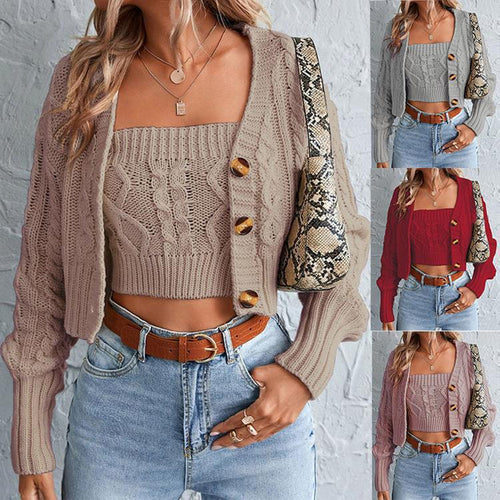 Damen gestricktes Set mit Cardigan und Crop-Top EB
