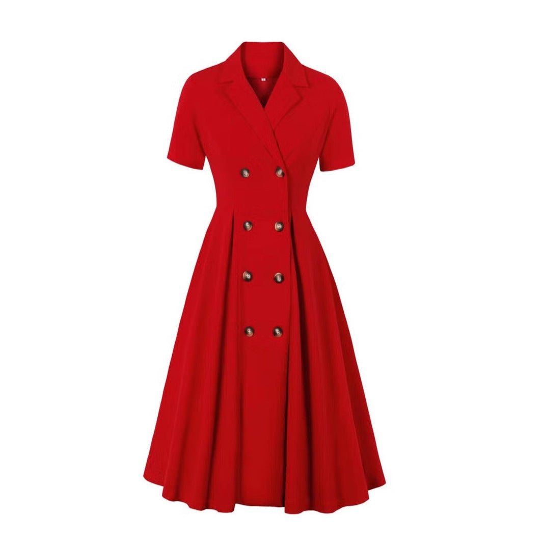 Damen elegantes Midikleid mit doppelter Knopfleiste und schwingendem Rock EB