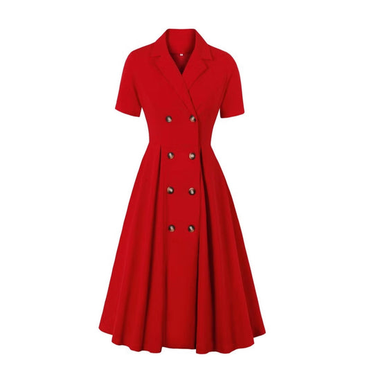 Damen elegantes Midikleid mit doppelter Knopfleiste und schwingendem Rock EB