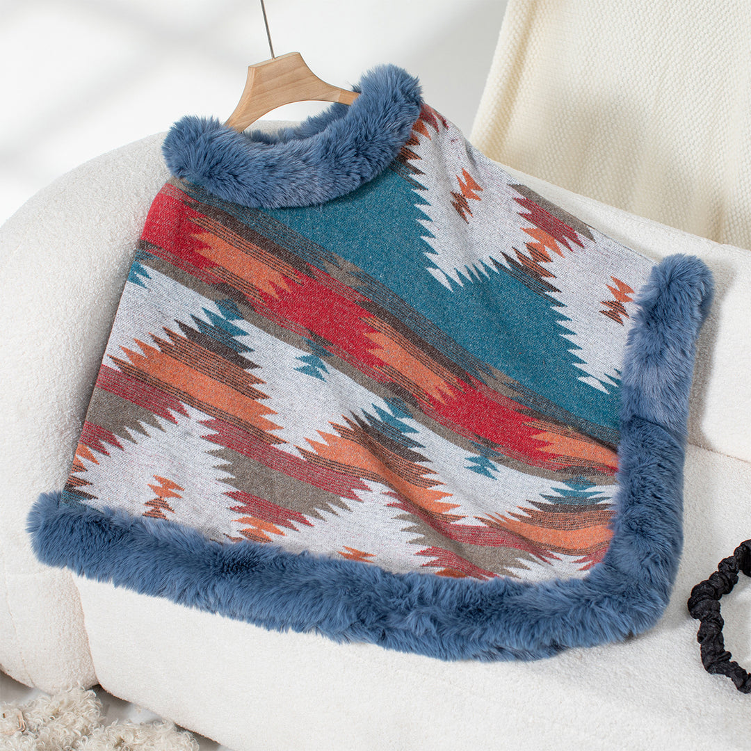 Damen Kuschelpullover mit hochwertigem Kunstfellbesatz und geometrischem Muster EB