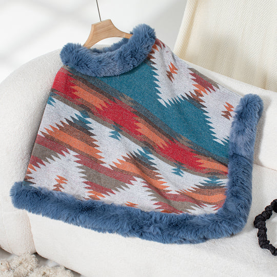 Damen Kuschelpullover mit hochwertigem Kunstfellbesatz und geometrischem Muster EB