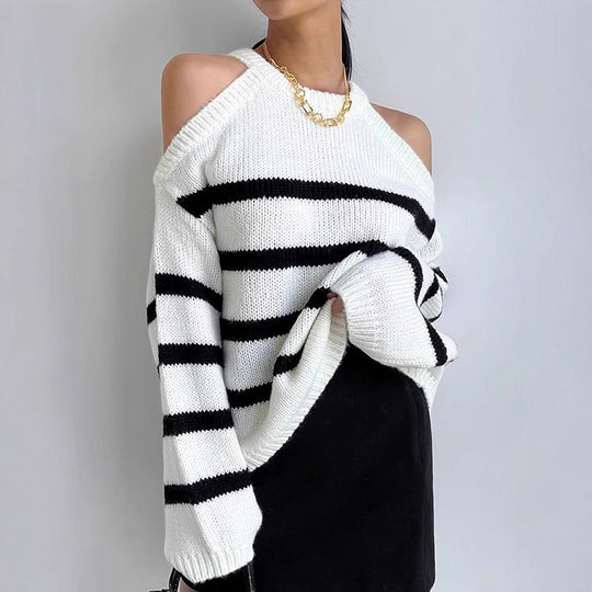 Damen Off-Shoulder Strickpullover mit Streifenmuster und lässigem Schnitt EB