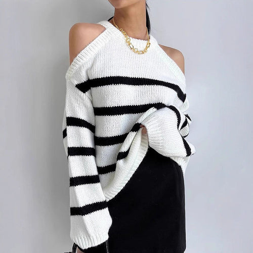 Damen Off-Shoulder Strickpullover mit Streifenmuster und lässigem Schnitt EB