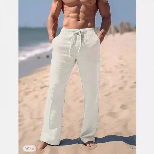 Herren nan weite Resort-Freizeithose im Palazzo-Stil aus Leinenmix mit Tunnelzug und seitlichen Eingrifftaschen Eichborn Berlin