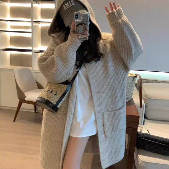 Damen Langer Strickcardigan mit tiefem V-Ausschnitt und Taschen EB