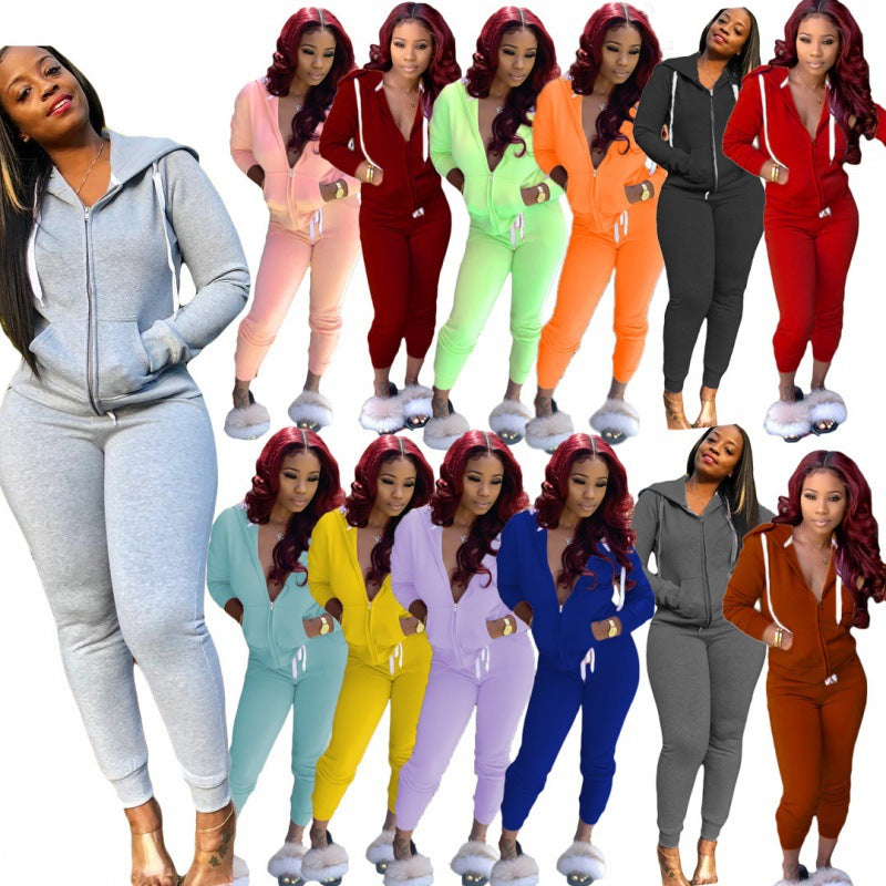 Damen tailliertes Kapuzen‑Sweatdress‑Set mit Reißverschluss und enganliegender Jogginghose EB