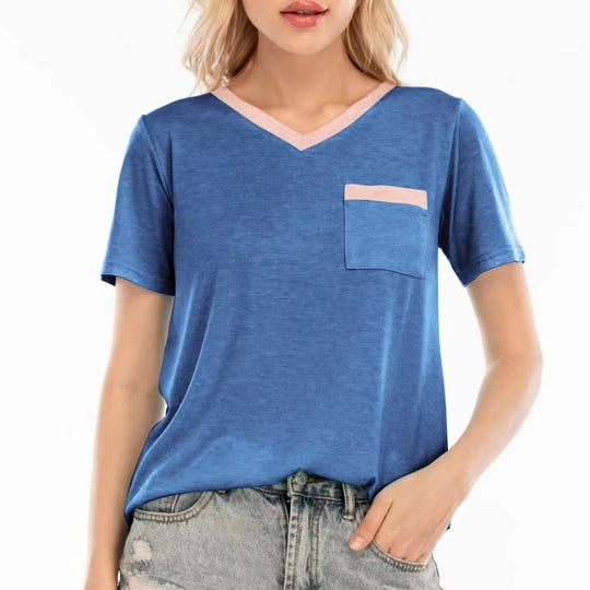 Damen V-Ausschnitt T-Shirt mit Brusttasche und kontrastierendem Kragen EB