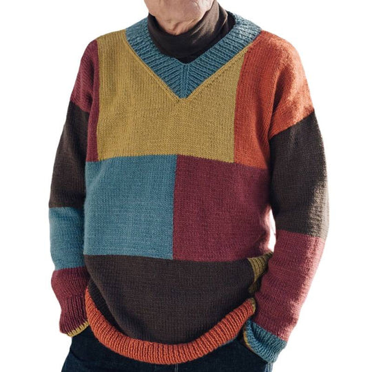 Herren gemusterter Pullover mit Farbblockdesign und modernem V-Ausschnitt EB