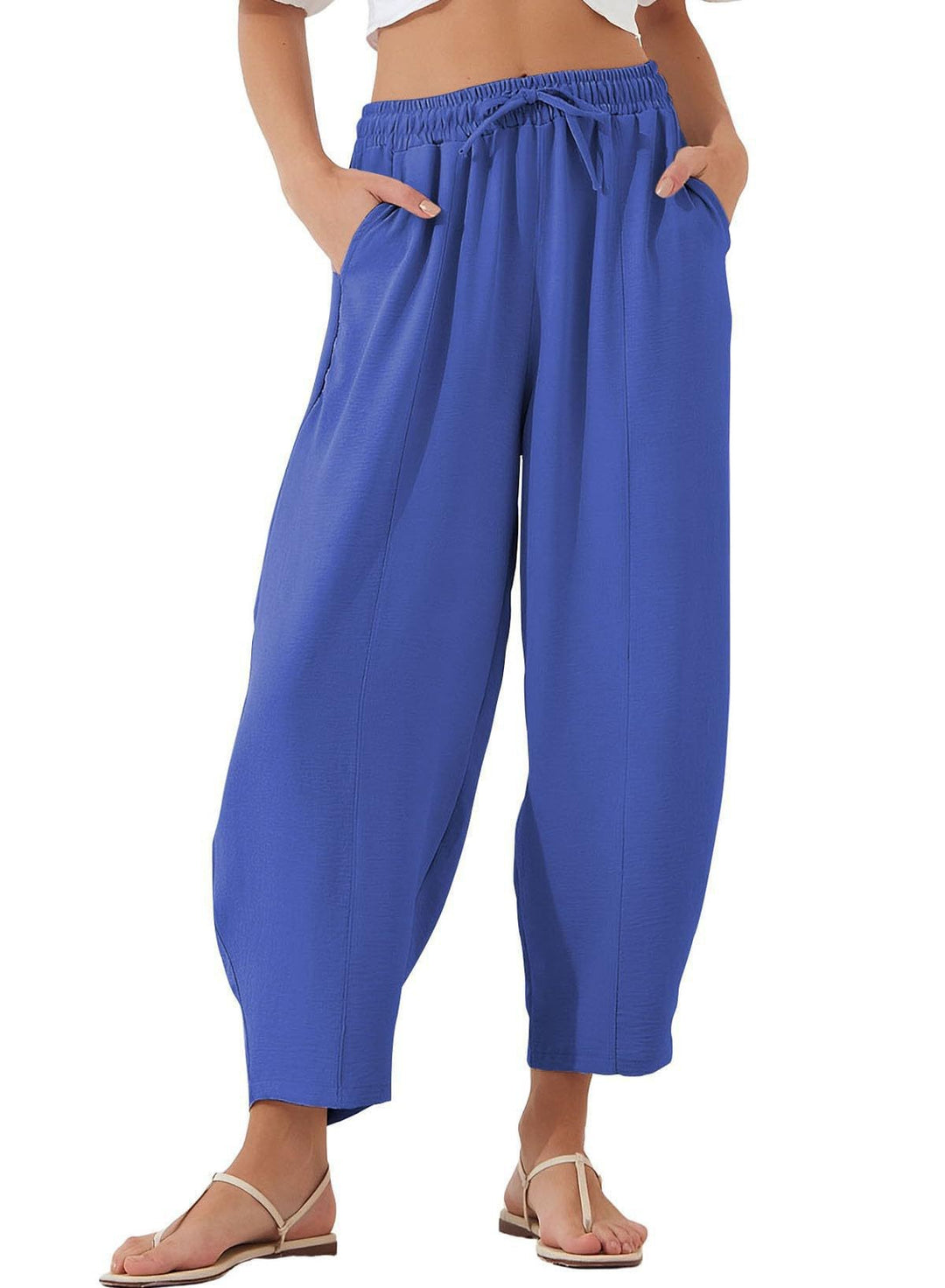 Damen Bequeme, weit geschnittene Sommerhose mit elastischem Bund und seitlichen Taschen EB