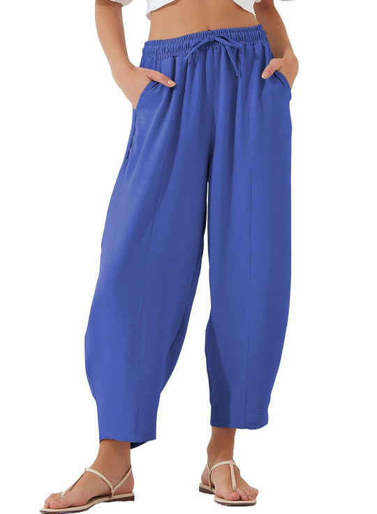 Damen Bequeme, weit geschnittene Sommerhose mit elastischem Bund und seitlichen Taschen EB