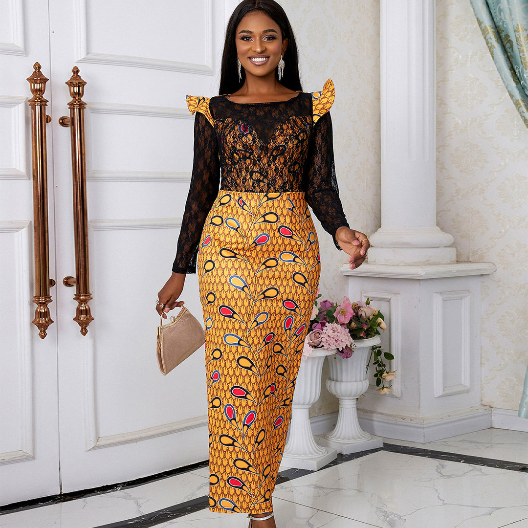 Damen Elegantes Langarmkleid mit floralem Muster und transparenter Spitzeneinlage EB