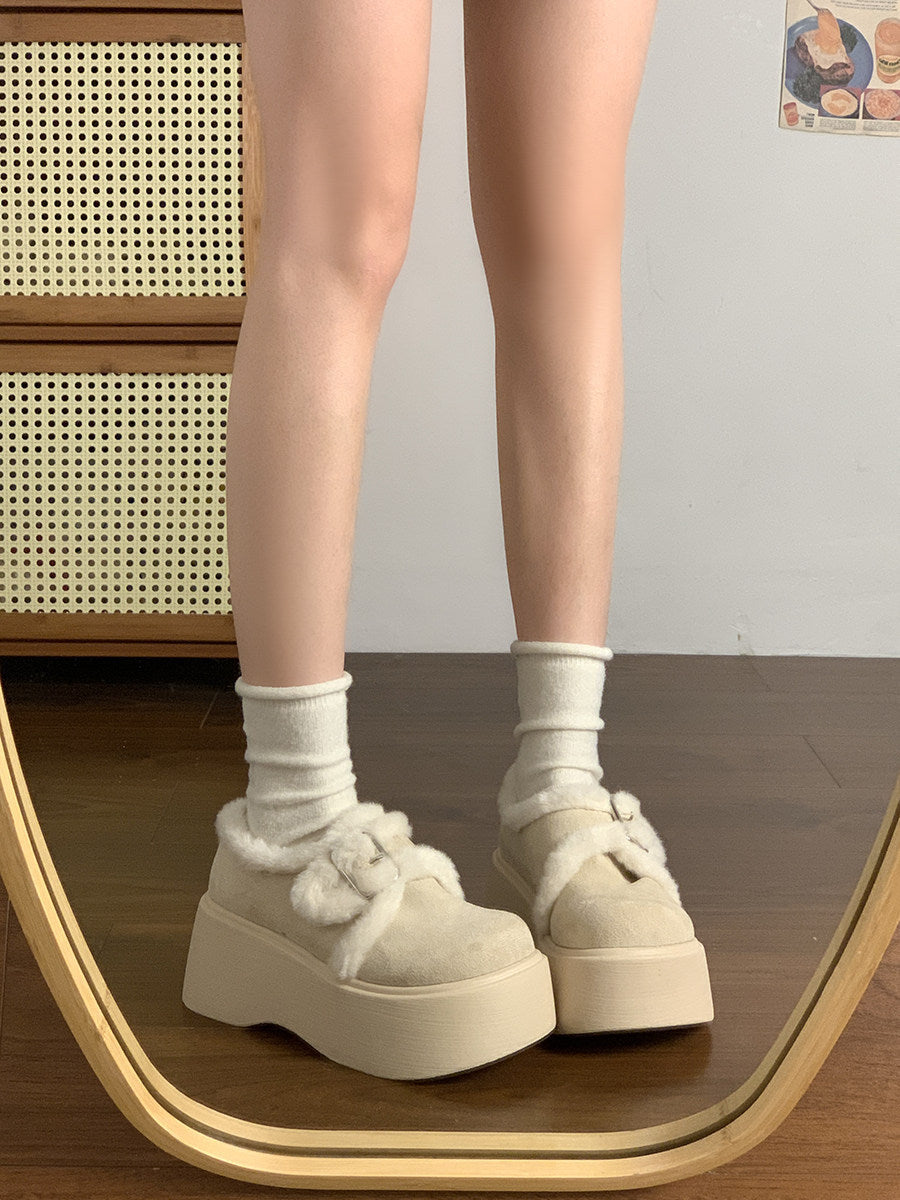 Damen Plattform-Schuhe mit kuscheligem Innenfutter und modischem Schnallen-Design EB