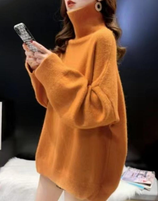 Damen Oversized Pullover mit hohem Kragen und Puffärmeln EB