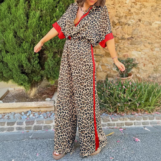 Damen Leinen-Jumpsuit mit Leopardenmuster und auffälligen Kontrasten EB