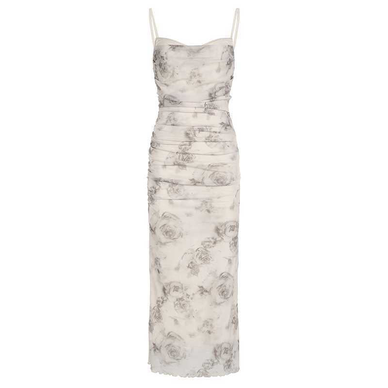 Damen elegantes Maxikleid mit raffinierten Rüschendetails und floralem Druck EB
