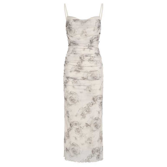 Damen elegantes Maxikleid mit raffinierten Rüschendetails und floralem Druck EB