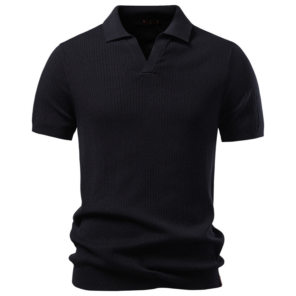 Herren nan fein geripptes Kurzarm-Poloshirt mit offenem Kentkragen EB