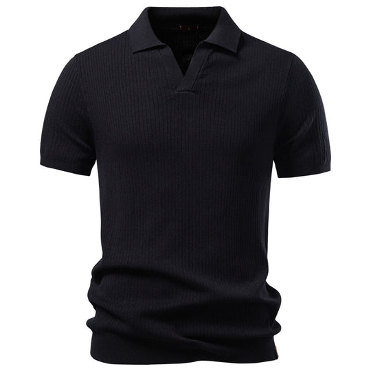 Herren nan fein geripptes Kurzarm-Poloshirt mit offenem Kentkragen EB