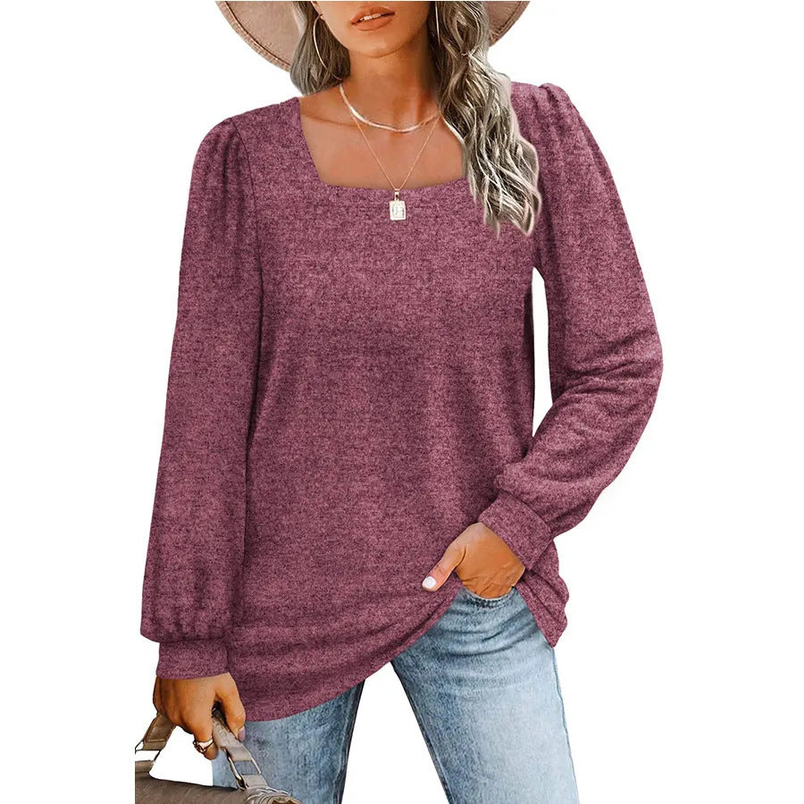 Damen Legerer Feinstrick-Pullover mit quadratischem Ausschnitt, Puffschulter und Bündchen EB