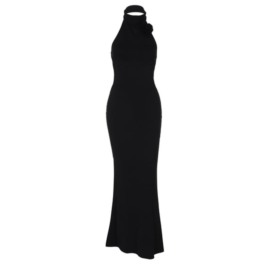 Damen Elegantes Maxi-Kleid mit raffiniertem Halter und floralem Akzent EB