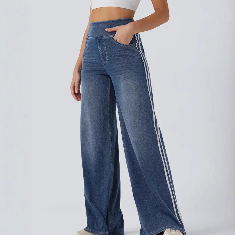 Damen weite Denim-Hose mit seitlichem Streifen und hohem Bund EB