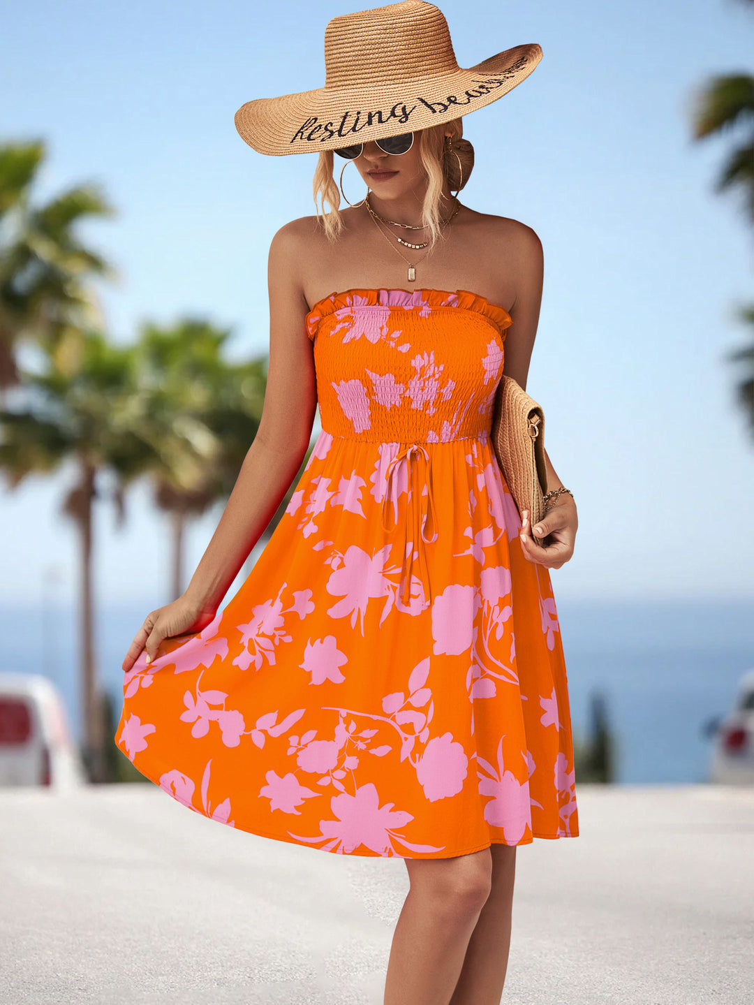 Damen luftiges Sommerkleid mit elastischem Taillenband und floralem Volant EB