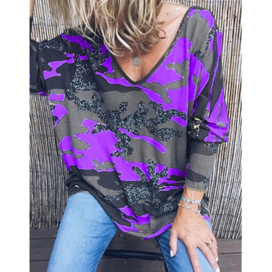 Damen Oversize V‑Ausschnitt Longshirt mit Camouflage‑Print und Glitzerbesatz EB