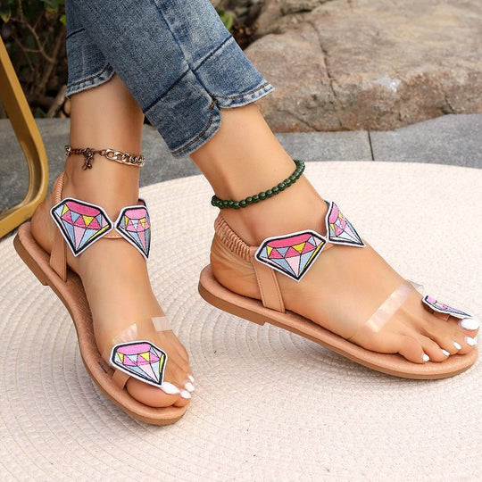 Damen modische Riemensandalen mit buntem Diamant-Motiv EB