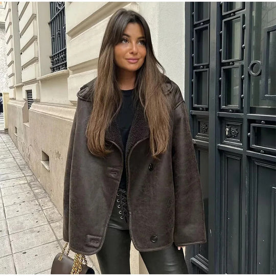 Damen Kunstlederjacke mit Teddyfutter EB